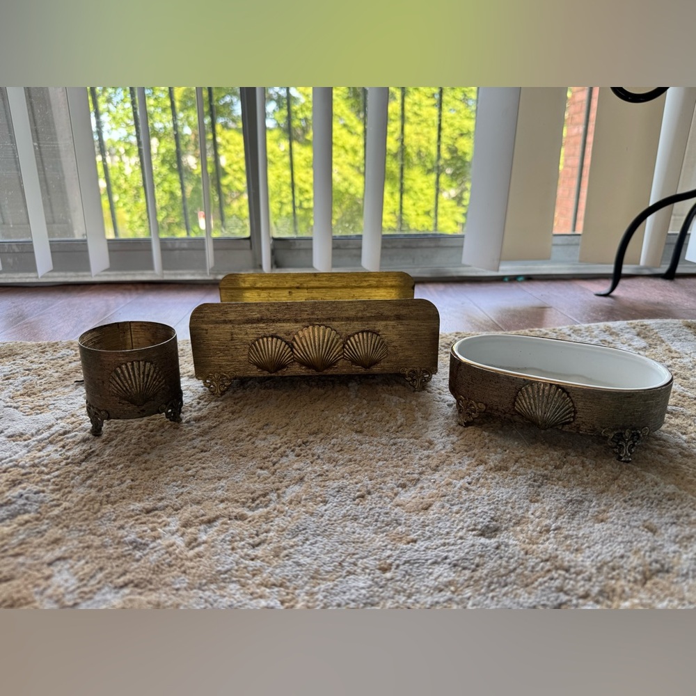 Vintage Brass Sea Shell Bathroom Vanity Accessories—Set of 3